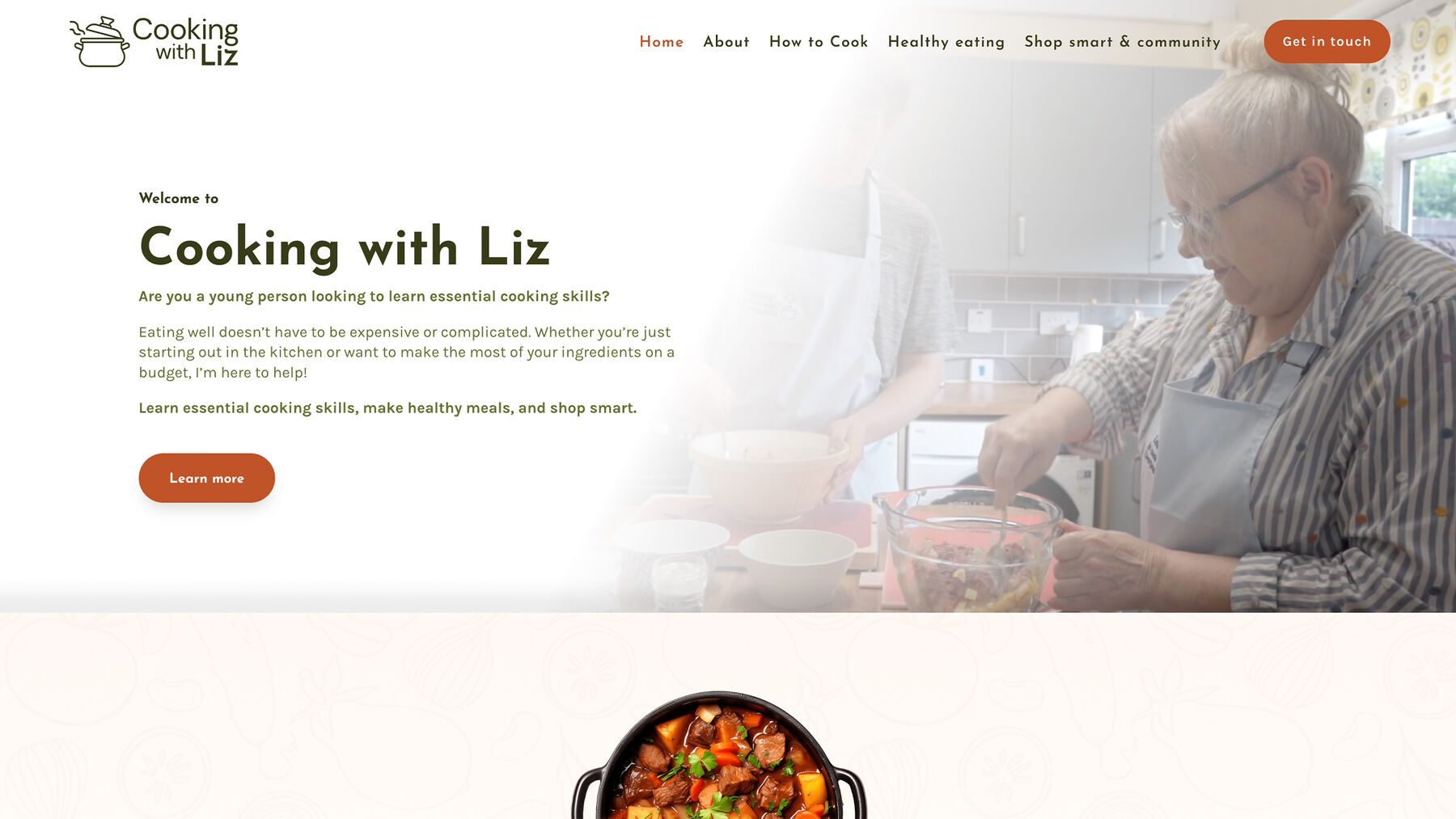 Cooking with Liz marketing website homepage