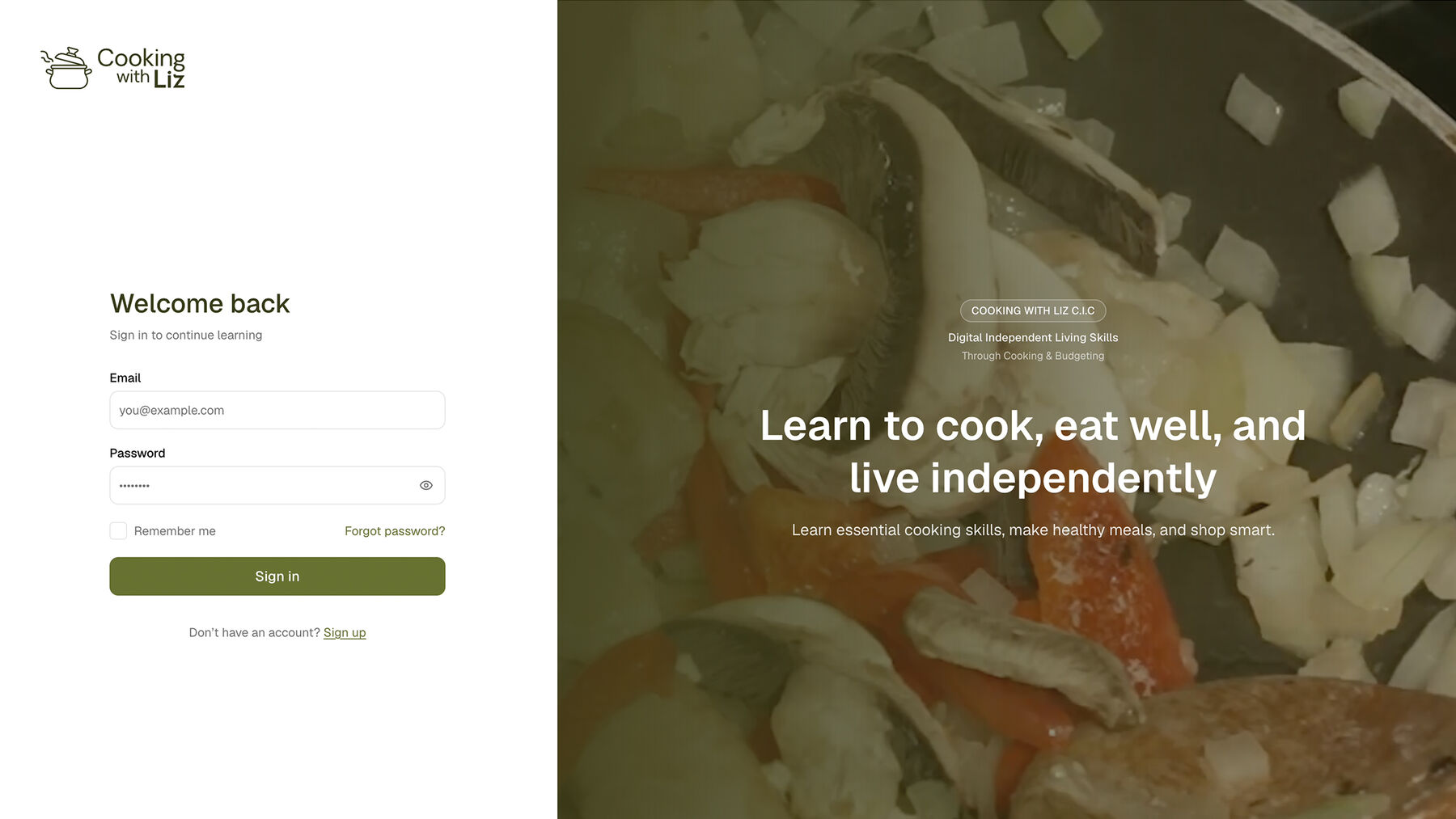 Cooking with Liz learning platform sign-in screen