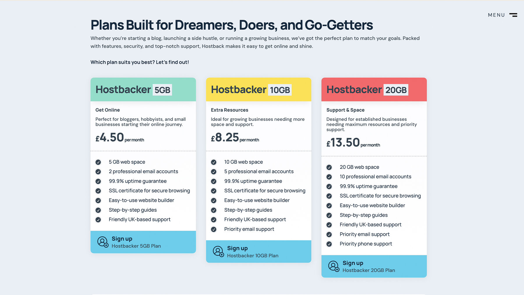 Hostback hosting plans pricing page